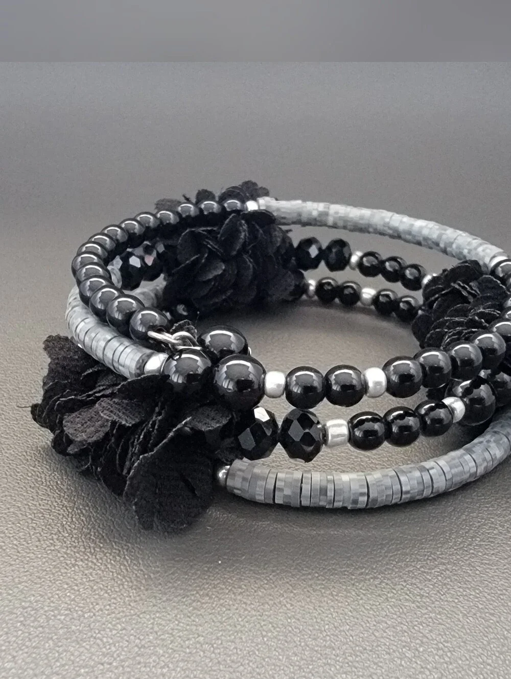3 Pc Black Statement Jewelry Bundle Crystal Bib Nk, Faceted Bead Nk, Memory Wire